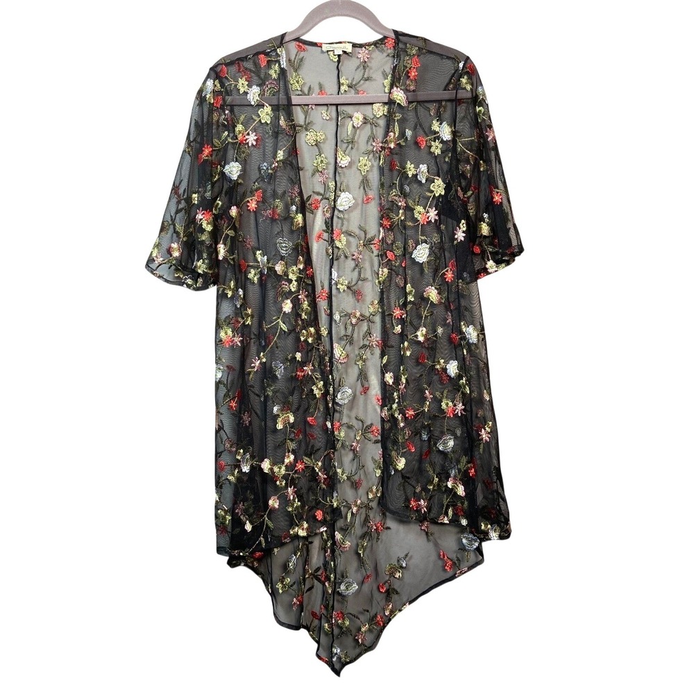 Chenault Sheer‎ Kimono Women M Polyester Black Floral Embroidered Mesh Cardigan